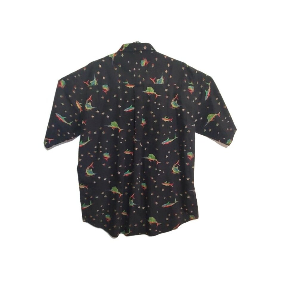 Bimini Bay Black Hawaiian Fish Outfitter Button Down Large Shirt Tropical Casual